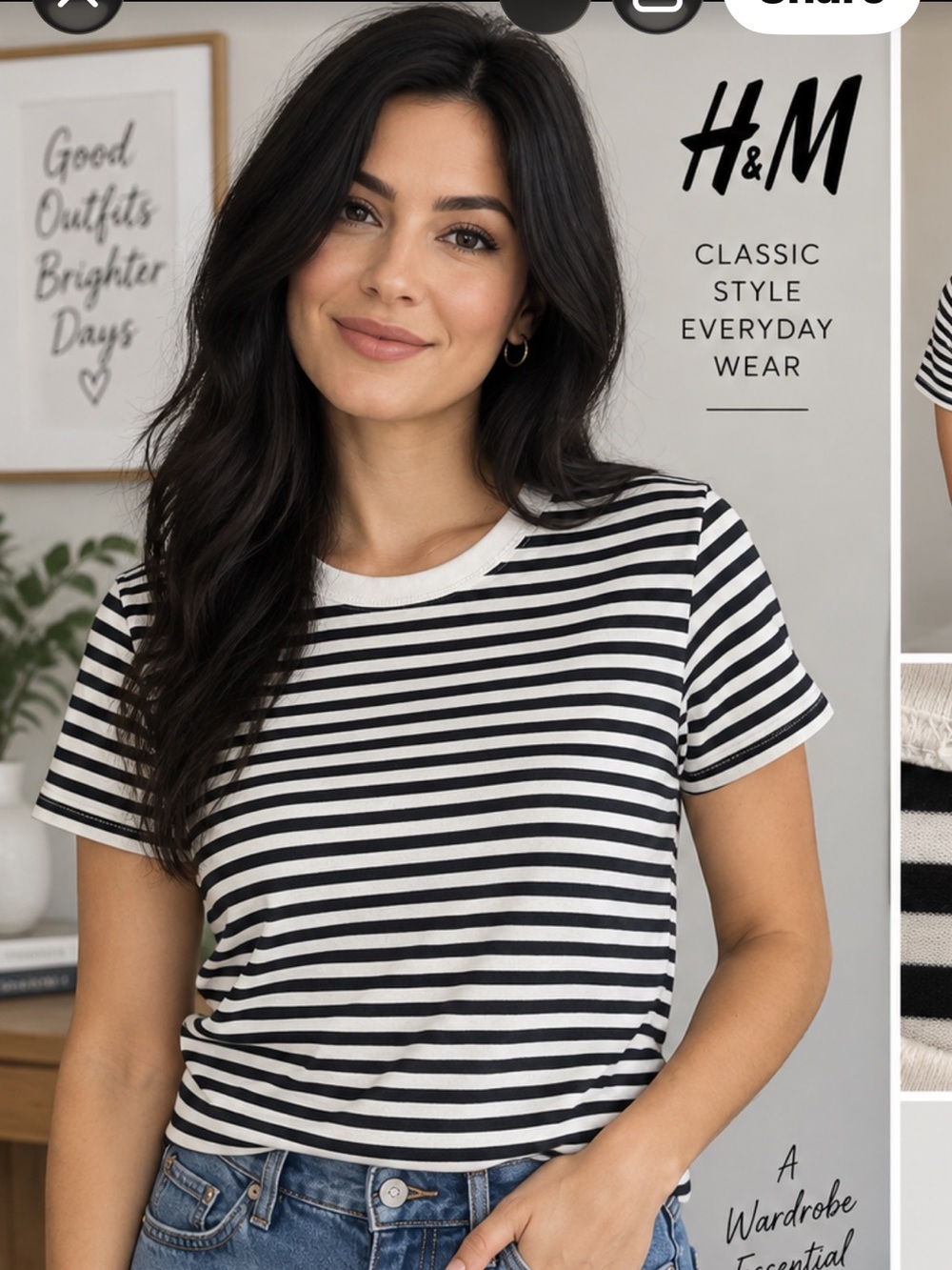 H&M Black and White Striped cotton Short Sleeve T-shirt. Crewneck. M